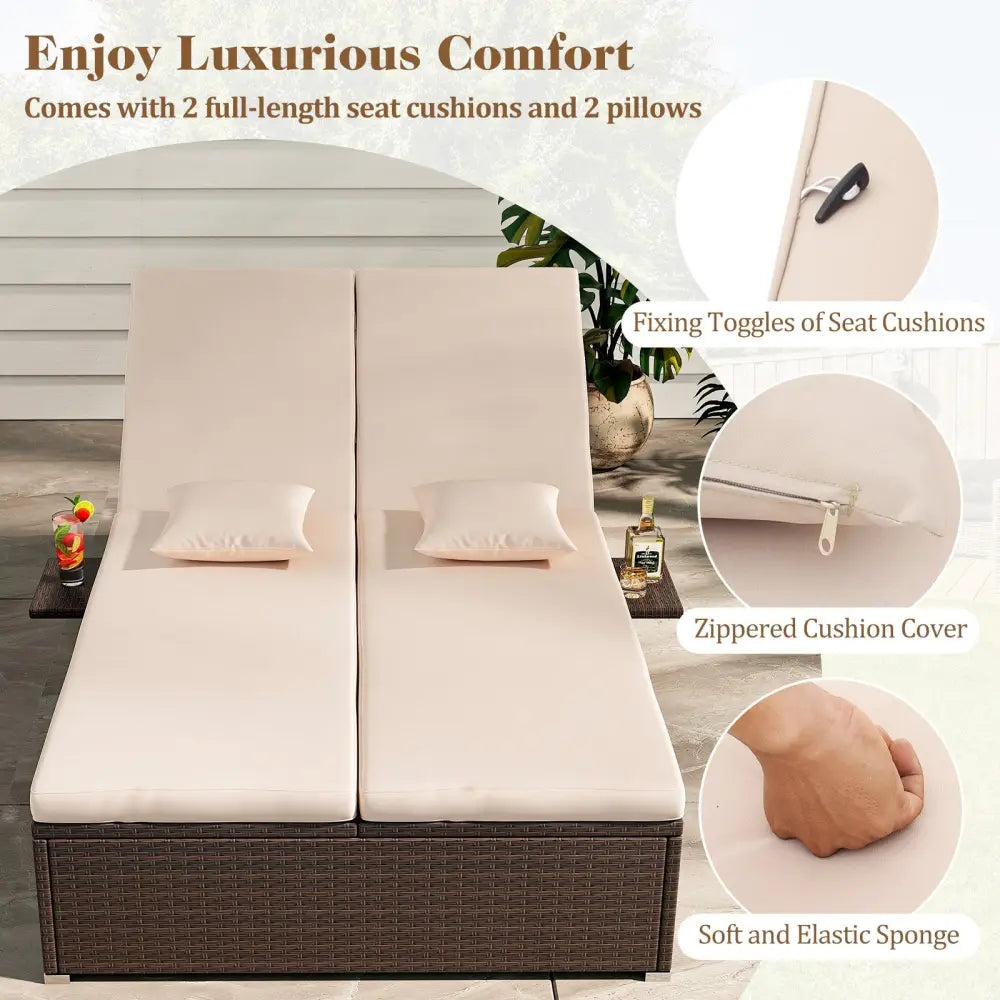 Patio Double Chaise Lounge with Cushions and Folding Side Trays-Beige - Beige - Outdoor Chaise Lounges