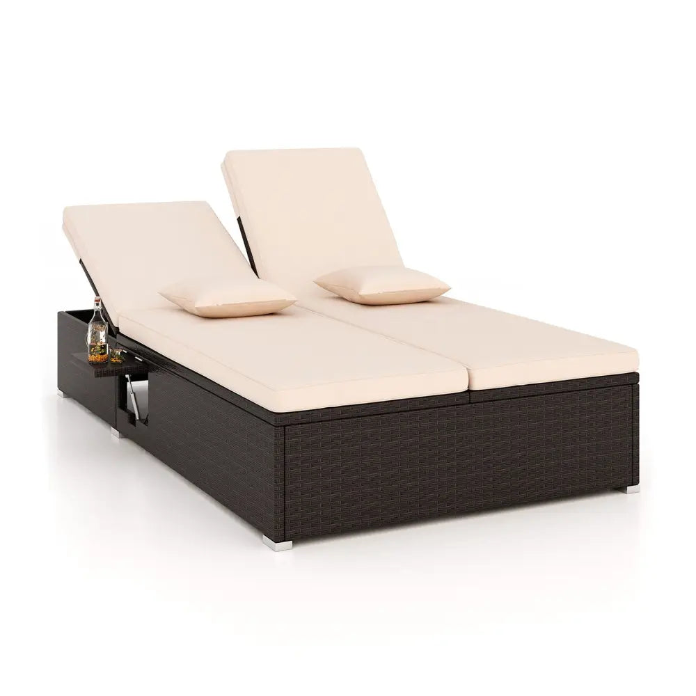 Patio Double Chaise Lounge with Cushions and Folding Side Trays-Beige - Beige - Outdoor Chaise Lounges