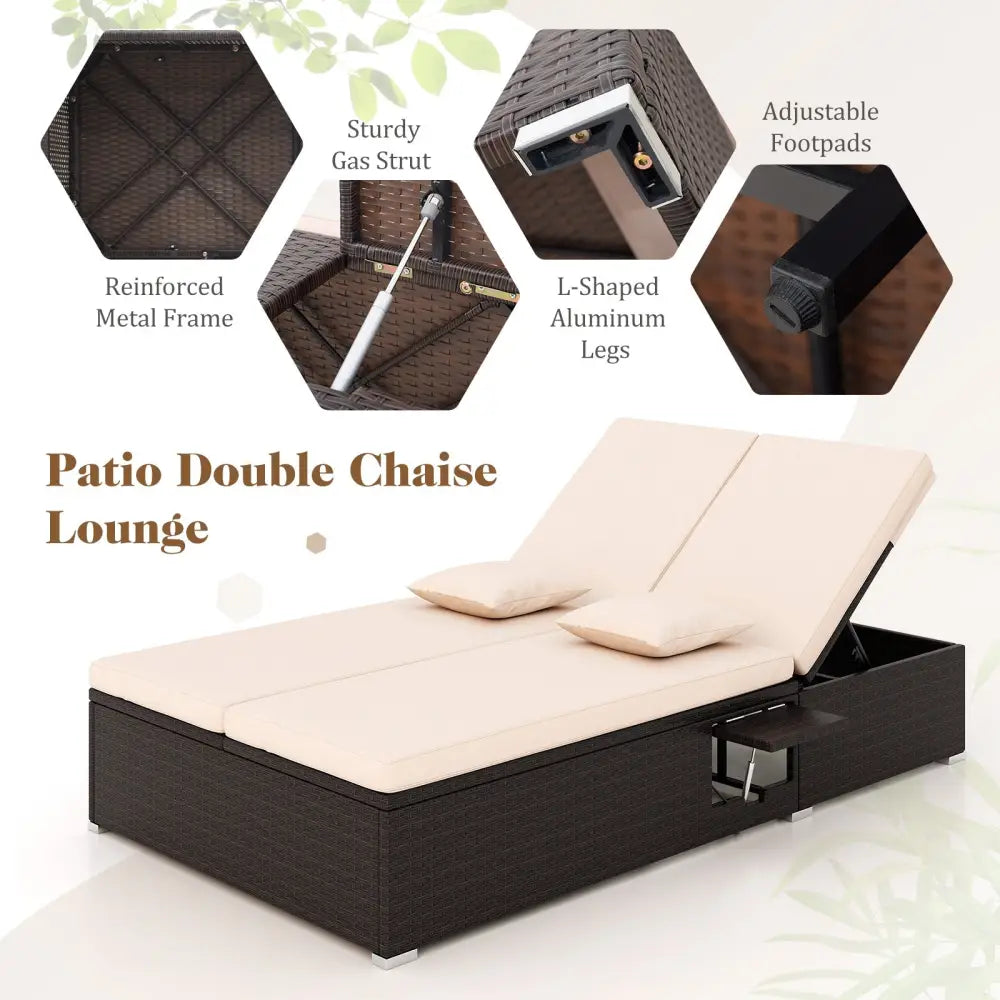 Patio Double Chaise Lounge with Cushions and Folding Side Trays-Beige - Beige - Outdoor Chaise Lounges