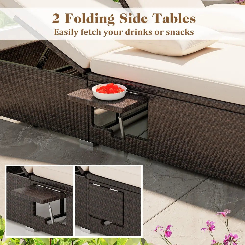 Patio Double Chaise Lounge with Cushions and Folding Side Trays-Beige - Beige - Outdoor Chaise Lounges