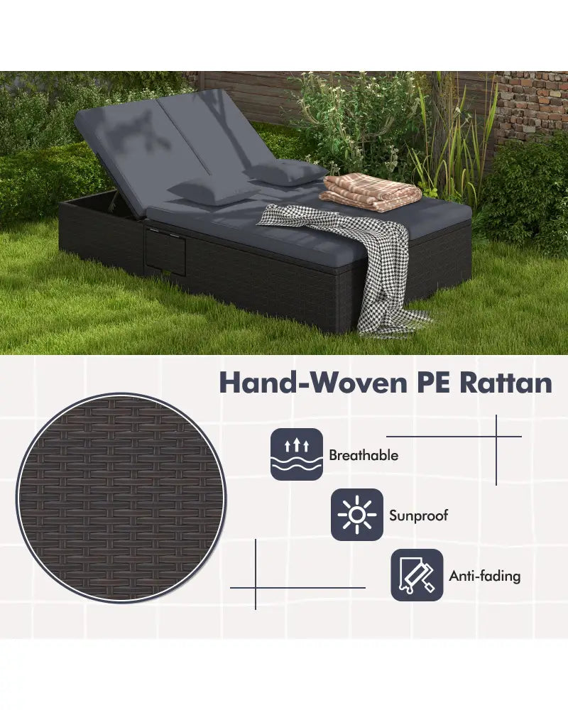 Patio Double Chaise Lounge with Cushions and Folding Side Trays-Gray - Gray - Outdoor Chaise Lounges
