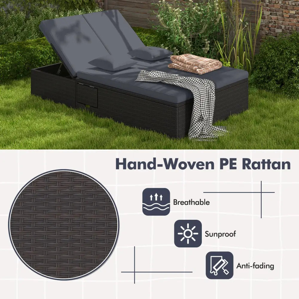 Patio Double Chaise Lounge with Cushions and Folding Side Trays-Gray - Gray - Outdoor Chaise Lounges