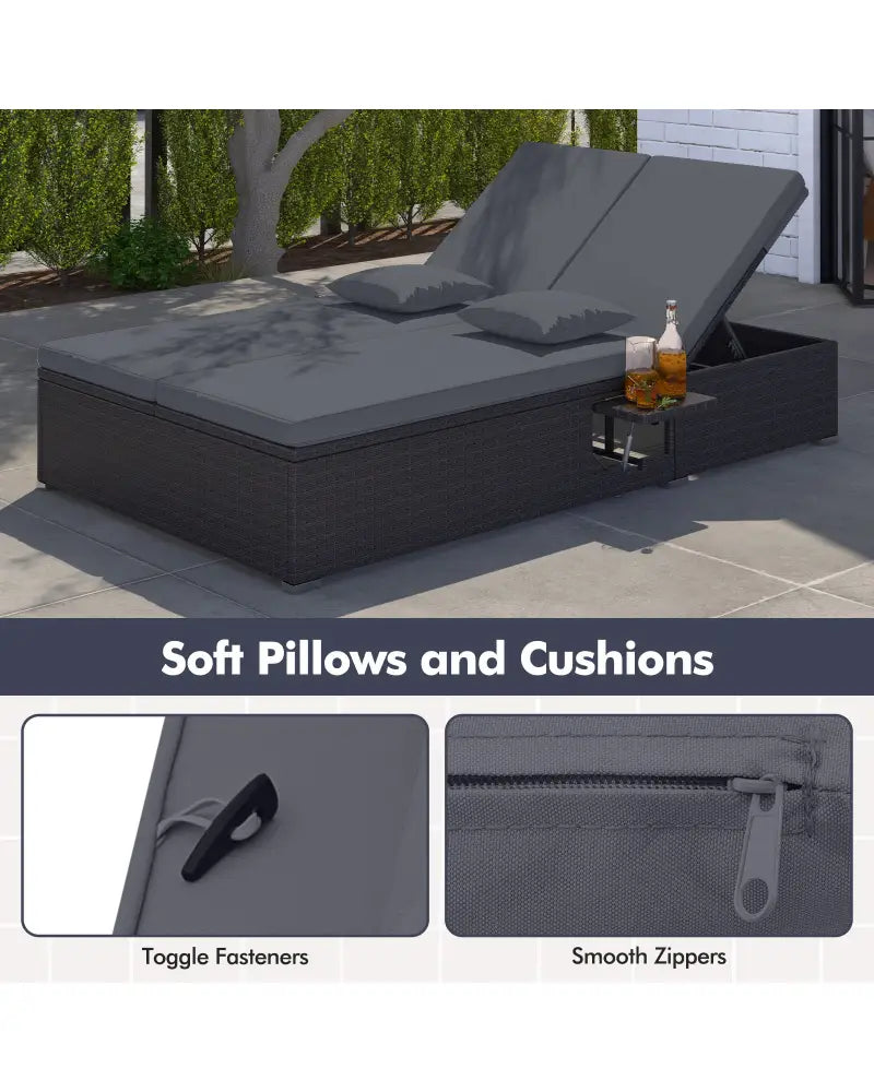 Patio Double Chaise Lounge with Cushions and Folding Side Trays-Gray - Gray - Outdoor Chaise Lounges