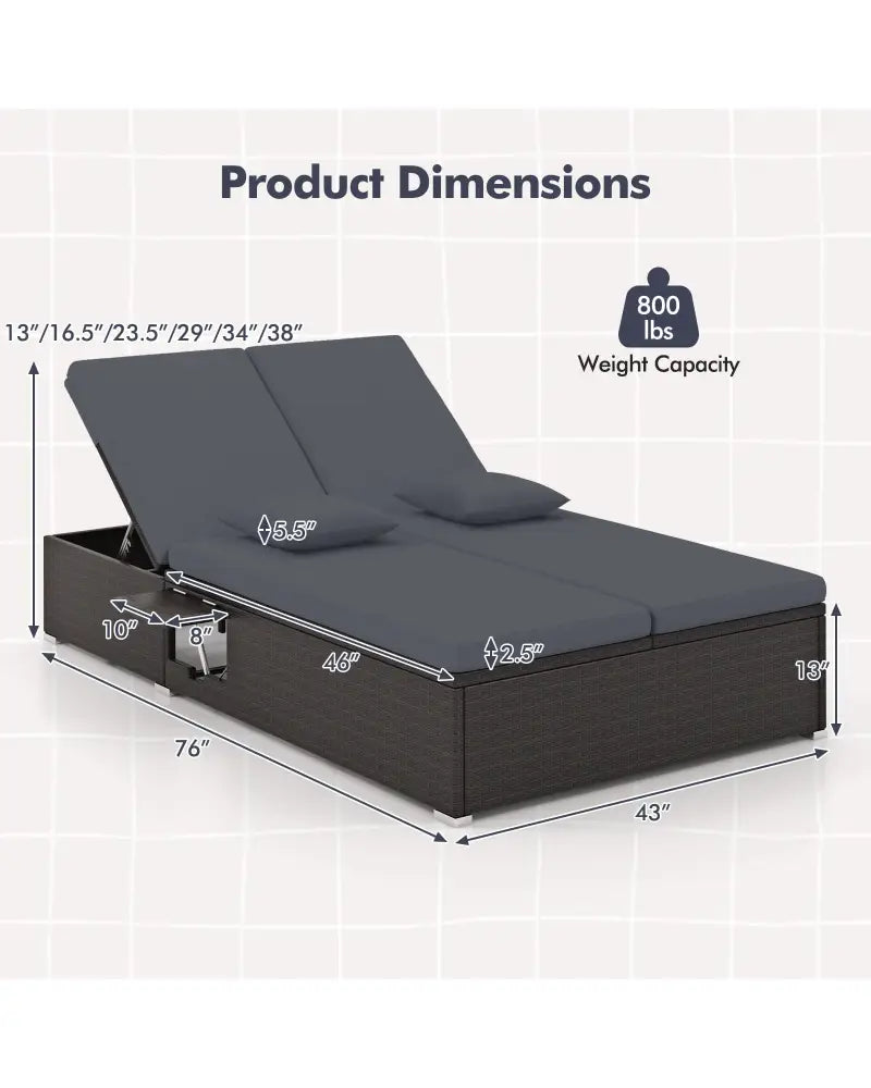 Patio Double Chaise Lounge with Cushions and Folding Side Trays-Gray - Gray - Outdoor Chaise Lounges