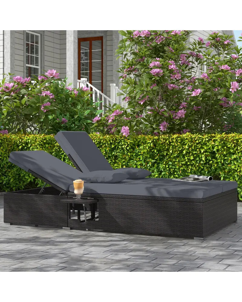 Patio Double Chaise Lounge with Cushions and Folding Side Trays-Gray - Gray - Outdoor Chaise Lounges