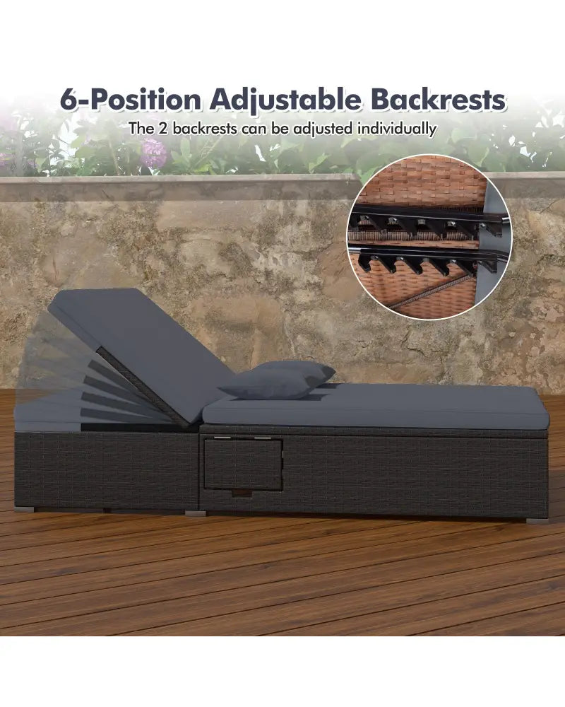 Patio Double Chaise Lounge with Cushions and Folding Side Trays-Gray - Gray - Outdoor Chaise Lounges
