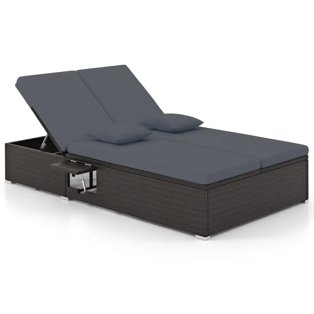 Patio Double Chaise Lounge with Cushions and Folding Side Trays-Gray - Gray - Outdoor Chaise Lounges