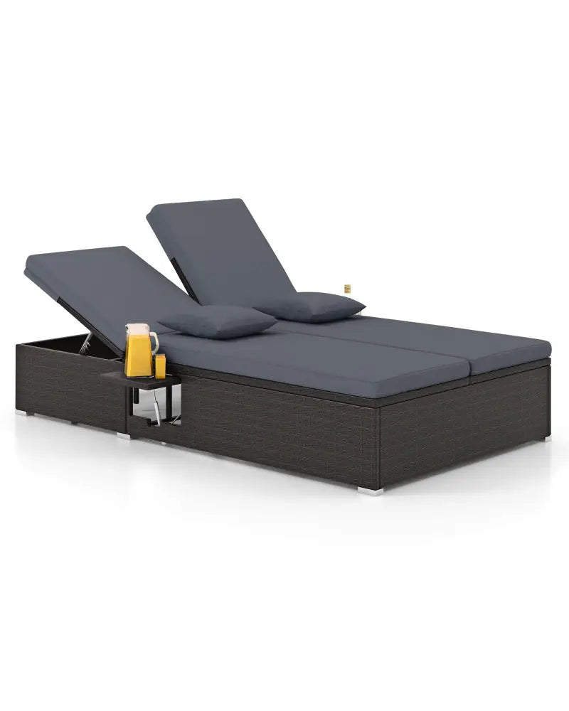 Patio Double Chaise Lounge with Cushions and Folding Side Trays-Gray - Gray - Outdoor Chaise Lounges