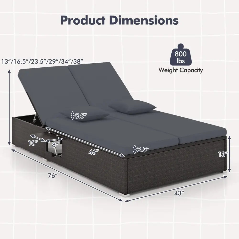 Patio Double Chaise Lounge with Cushions and Folding Side Trays-Gray - Gray - Outdoor Chaise Lounges