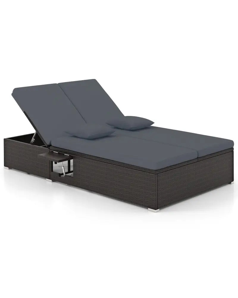 Patio Double Chaise Lounge with Cushions and Folding Side Trays-Gray - Gray - Outdoor Chaise Lounges