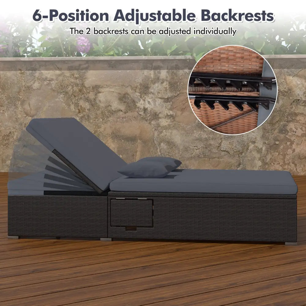 Patio Double Chaise Lounge with Cushions and Folding Side Trays-Gray - Gray - Outdoor Chaise Lounges