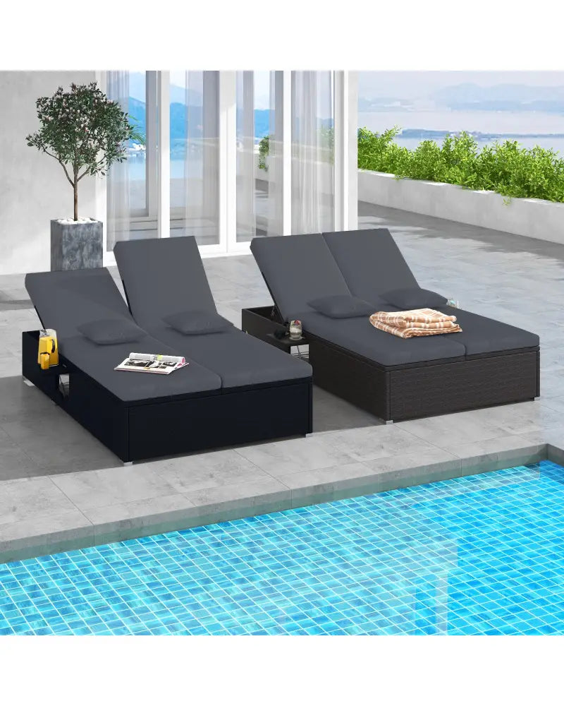 Patio Double Chaise Lounge with Cushions and Folding Side Trays-Gray - Gray - Outdoor Chaise Lounges