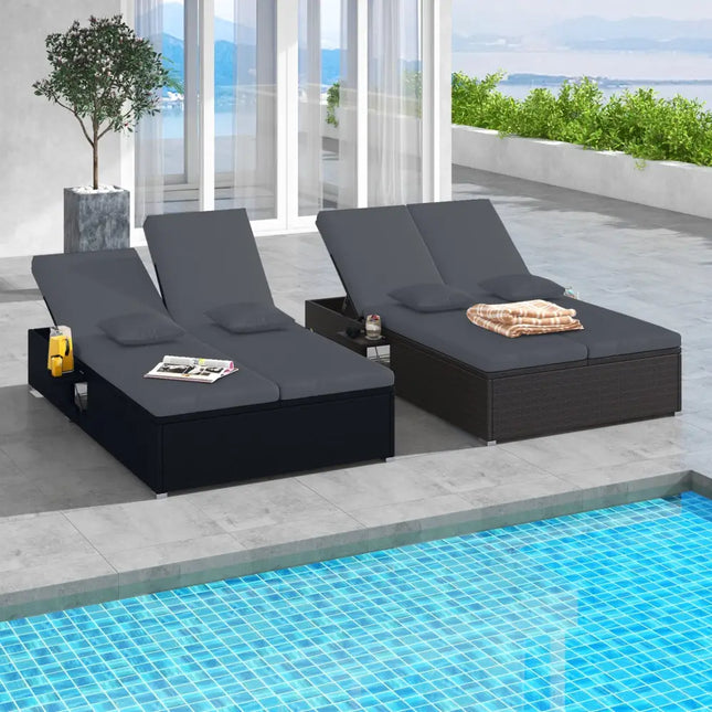 Patio Double Chaise Lounge with Cushions and Folding Side Trays-Gray - Gray - Outdoor Chaise Lounges