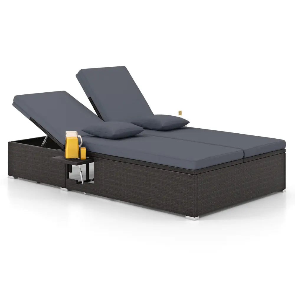 Patio Double Chaise Lounge with Cushions and Folding Side Trays-Gray - Gray - Outdoor Chaise Lounges