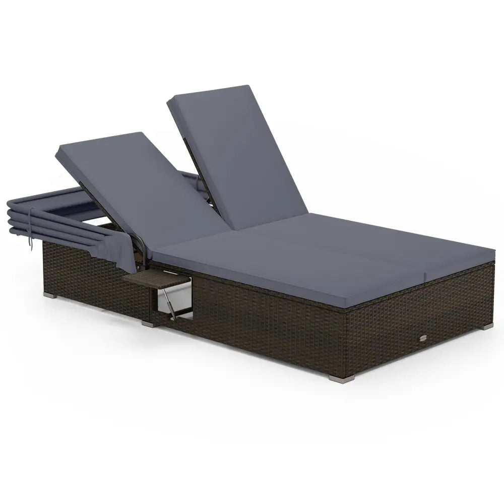 Patio Double Chaise Lounge with Shade Cushions and Folding Side Trays-Gray - Gray - Outdoor Chaise Lounges
