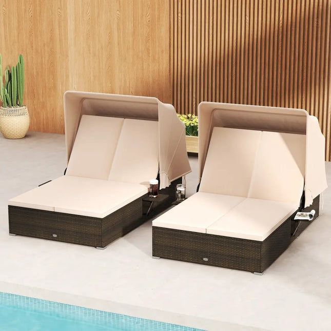 Patio Double Chaise Lounge with Shade Cushions and Folding Side Trays-Beige - Beige - Outdoor Chaise Lounges
