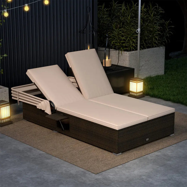 Patio Double Chaise Lounge with Shade Cushions and Folding Side Trays-Beige - Beige - Outdoor Chaise Lounges