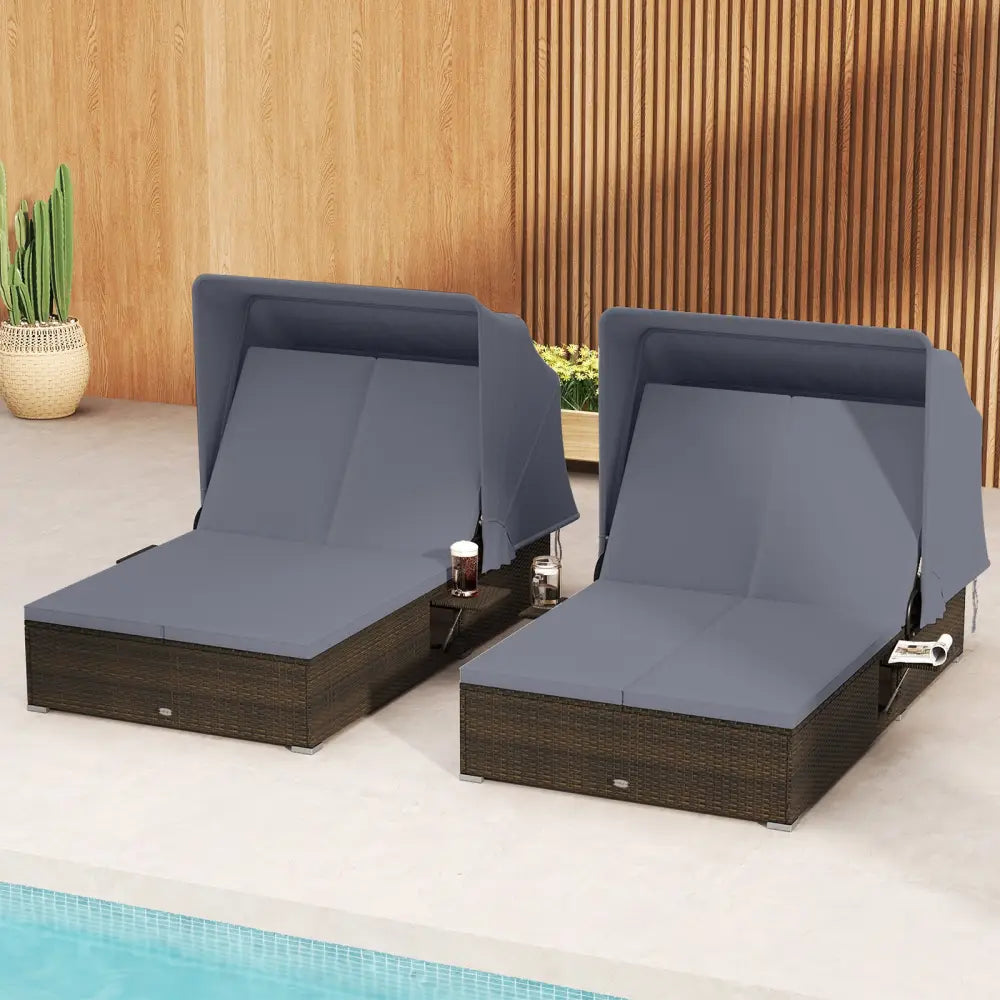 Patio Double Chaise Lounge with Shade Cushions and Folding Side Trays-Gray - Gray - Outdoor Chaise Lounges