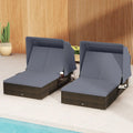 Patio Double Chaise Lounge with Shade Cushions and Folding Side Trays-Gray - Gray - Outdoor Chaise Lounges