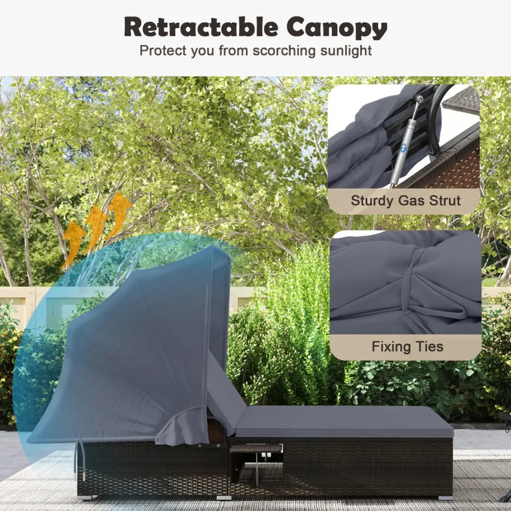 Patio Double Chaise Lounge with Shade Cushions and Folding Side Trays-Gray - Gray - Outdoor Chaise Lounges