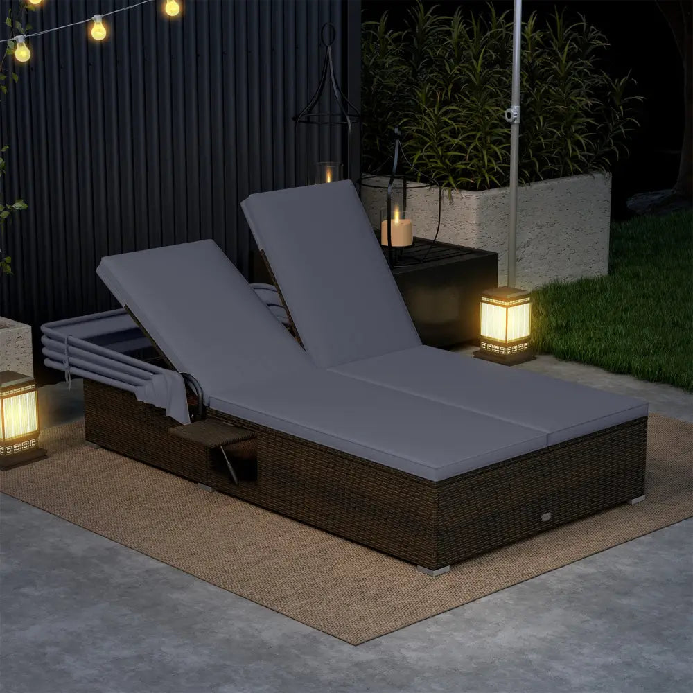 Patio Double Chaise Lounge with Shade Cushions and Folding Side Trays-Gray - Gray - Outdoor Chaise Lounges