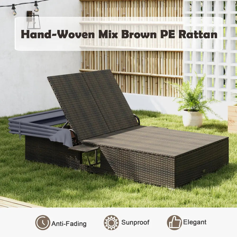 Patio Double Chaise Lounge with Shade Cushions and Folding Side Trays-Gray - Gray - Outdoor Chaise Lounges