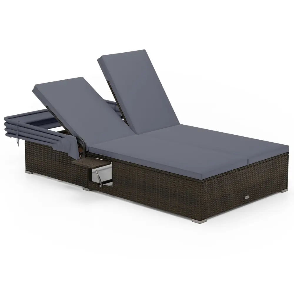 Patio Double Chaise Lounge with Shade Cushions and Folding Side Trays-Gray - Gray - Outdoor Chaise Lounges