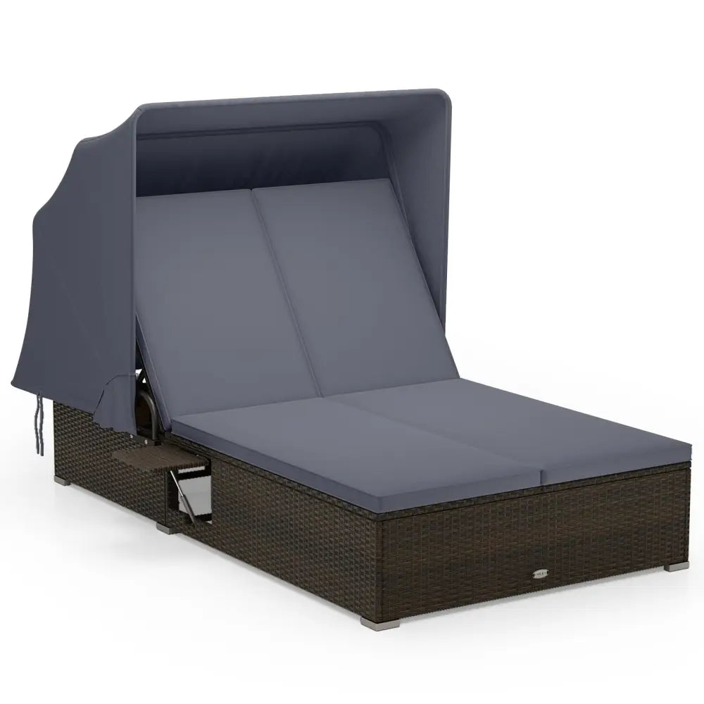 Patio Double Chaise Lounge with Shade Cushions and Folding Side Trays-Gray - Gray - Outdoor Chaise Lounges