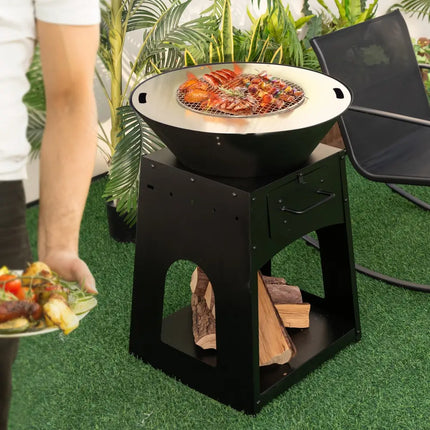 Patio Fire Pit with Firewood Log Rack with Grill and Ash Box-Black - Black - Fire Pits