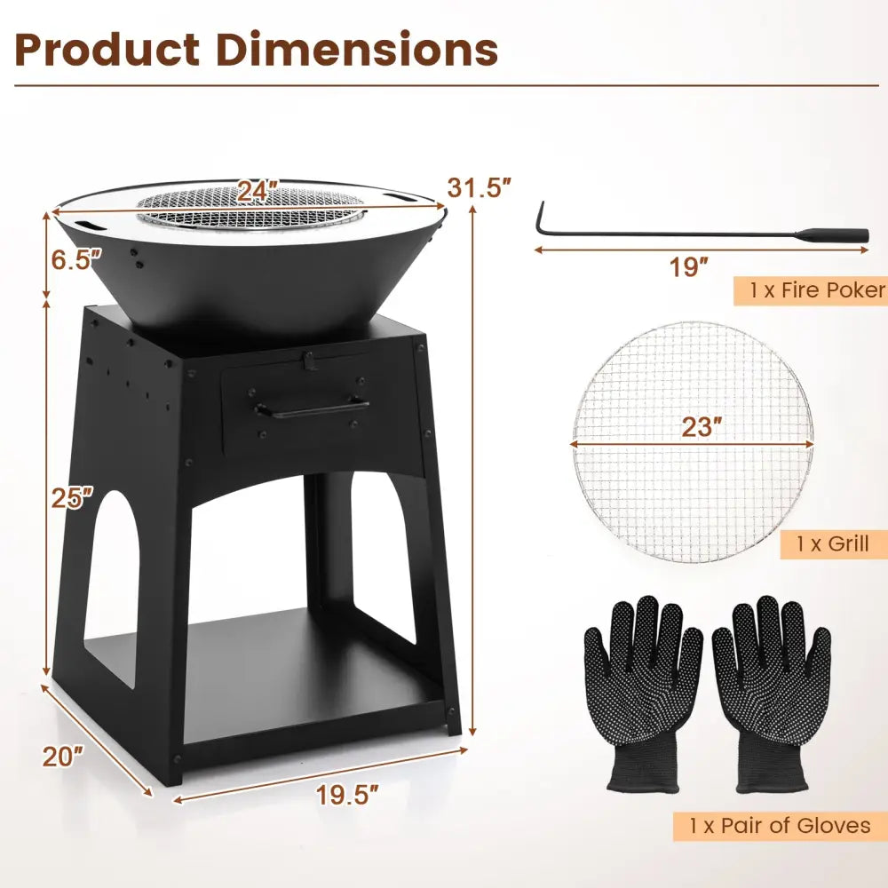 Patio Fire Pit with Firewood Log Rack with Grill and Ash Box-Black - Black - Fire Pits