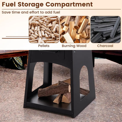 Patio Fire Pit with Firewood Log Rack with Grill and Ash Box-Black - Black - Fire Pits