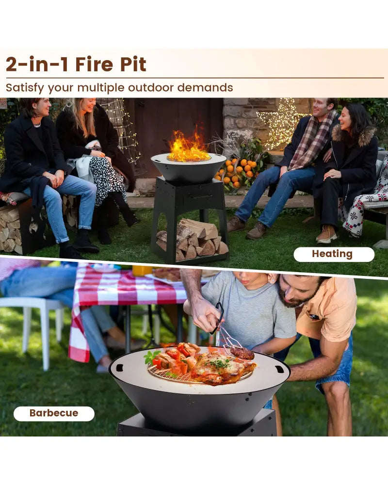 Patio Fire Pit with Firewood Log Rack with Grill and Ash Box-Black - Black - Fire Pits