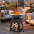 Patio Fire Pit with Firewood Log Rack with Grill and Ash Box-Black - Black - Fire Pits