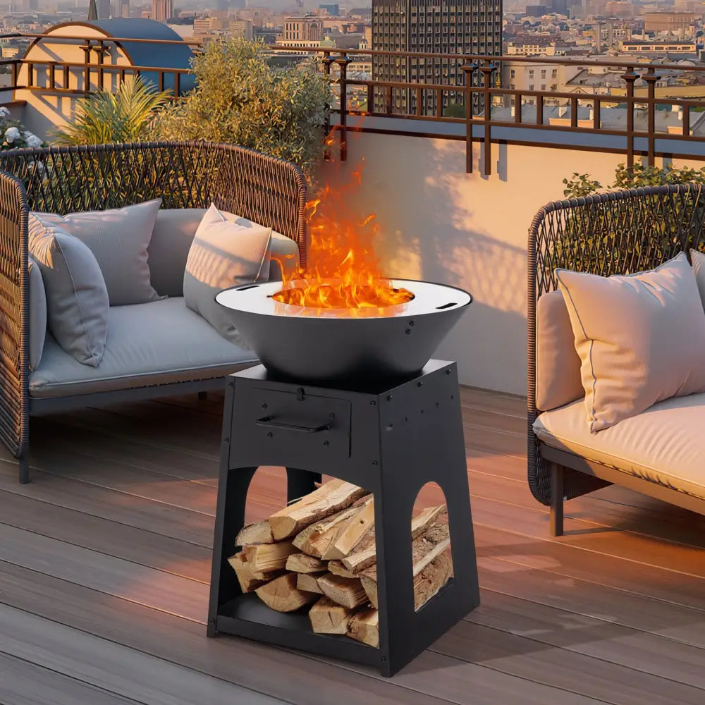 Patio Fire Pit with Firewood Log Rack with Grill and Ash Box-Black - Black - Fire Pits