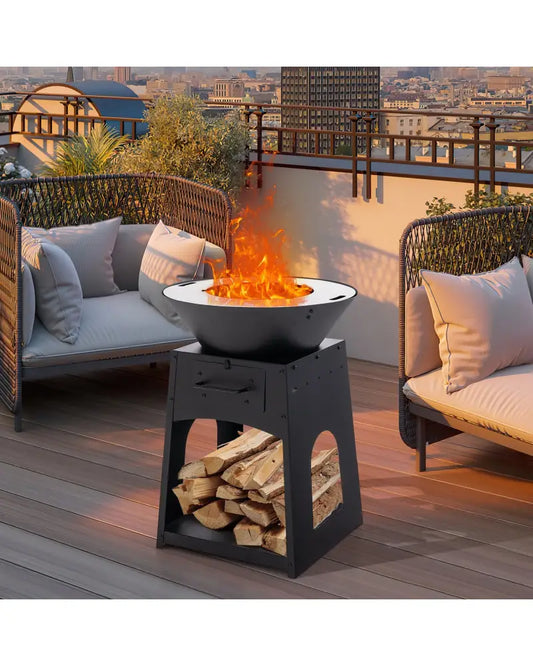 Patio Fire Pit with Firewood Log Rack with Grill and Ash Box-Black - Black - Fire Pits