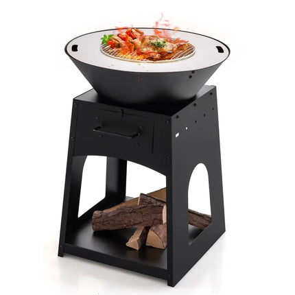 Patio Fire Pit with Firewood Log Rack with Grill and Ash Box-Black - Black - Fire Pits