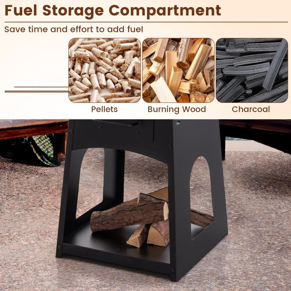 Patio Fire Pit with Firewood Log Rack with Grill and Ash Box-Black - Black - Fire Pits