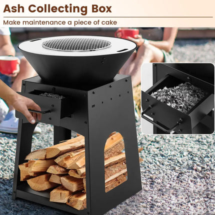 Patio Fire Pit with Firewood Log Rack with Grill and Ash Box-Black - Black - Fire Pits