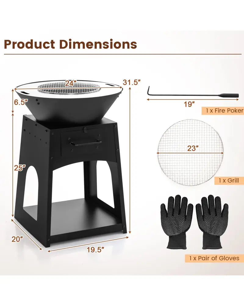 Patio Fire Pit with Firewood Log Rack with Grill and Ash Box-Black - Black - Fire Pits