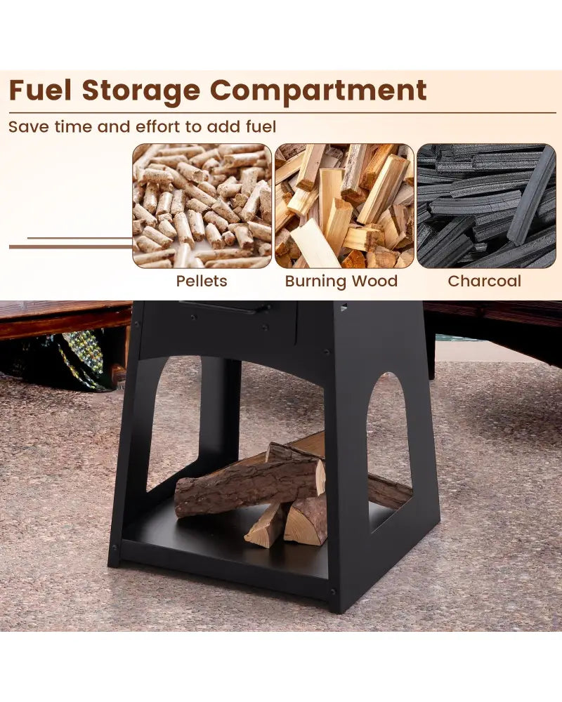 Patio Fire Pit with Firewood Log Rack with Grill and Ash Box-Black - Black - Fire Pits
