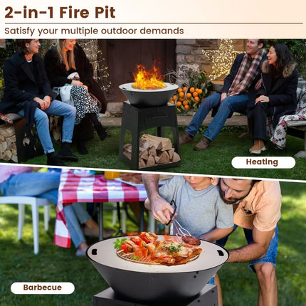 Patio Fire Pit with Firewood Log Rack with Grill and Ash Box-Black - Black - Fire Pits