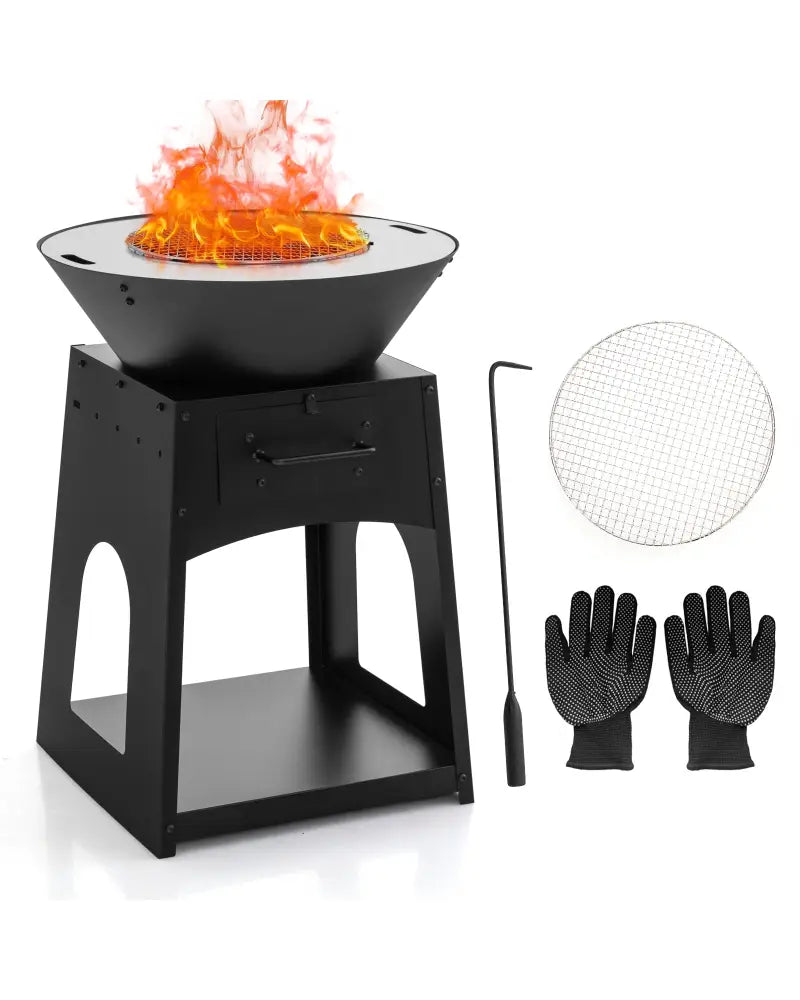 Patio Fire Pit with Firewood Log Rack with Grill and Ash Box-Black - Black - Fire Pits