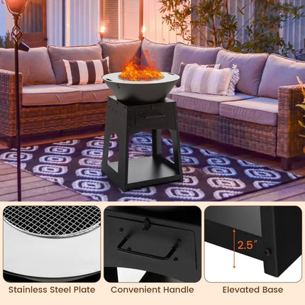 Patio Fire Pit with Firewood Log Rack with Grill and Ash Box-Black - Black - Fire Pits