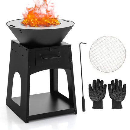 Patio Fire Pit with Firewood Log Rack with Grill and Ash Box-Black - Black - Fire Pits