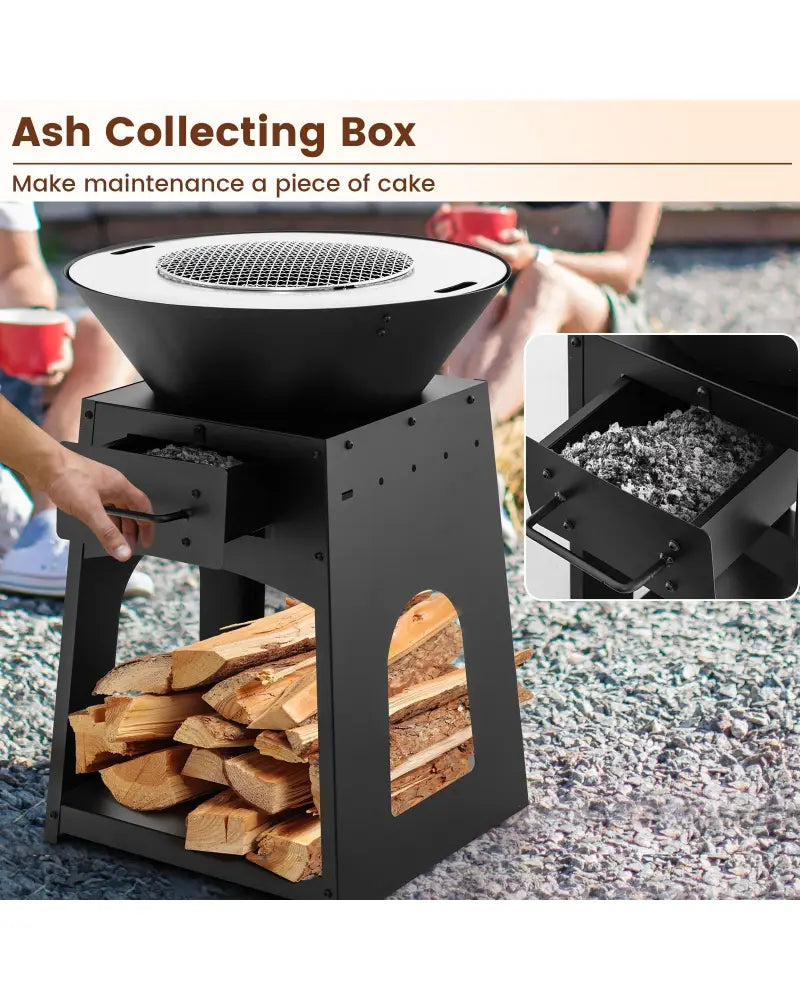 Patio Fire Pit with Firewood Log Rack with Grill and Ash Box-Black - Black - Fire Pits