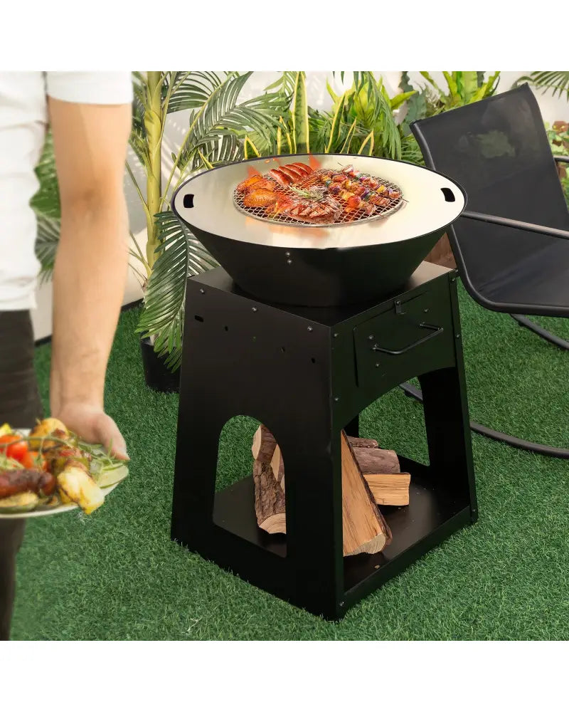 Patio Fire Pit with Firewood Log Rack with Grill and Ash Box-Black - Black - Fire Pits