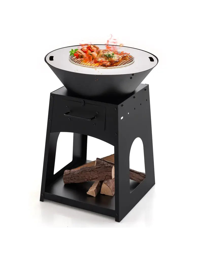 Patio Fire Pit with Firewood Log Rack with Grill and Ash Box-Black - Black - Fire Pits