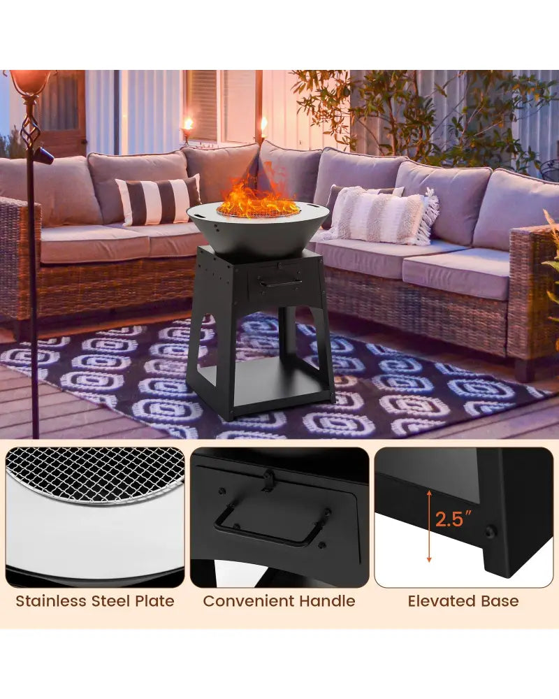 Patio Fire Pit with Firewood Log Rack with Grill and Ash Box-Black - Black - Fire Pits