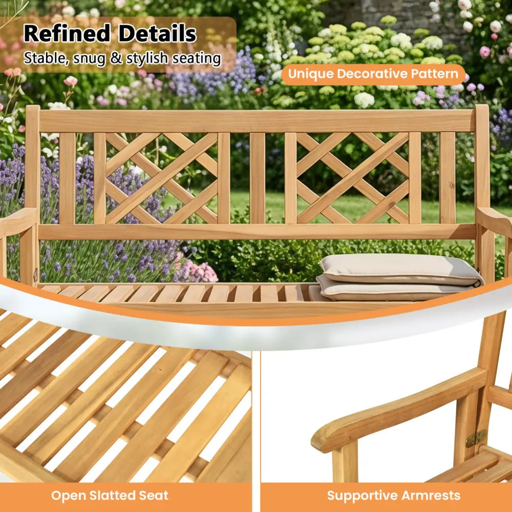 Patio Foldable Bench with Curved Backrest and Armrest - Natural - Outdoor Benches