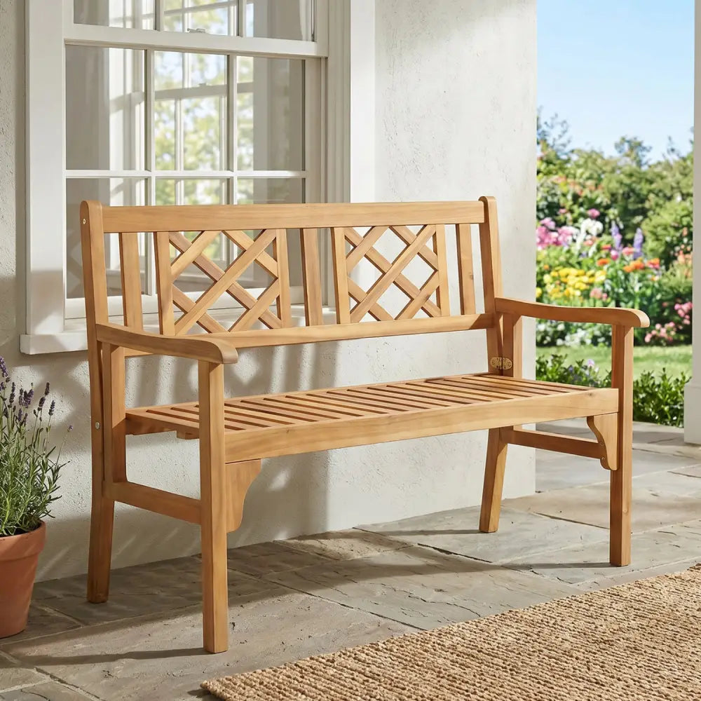 Patio Foldable Bench with Curved Backrest and Armrest - Natural - Outdoor Benches